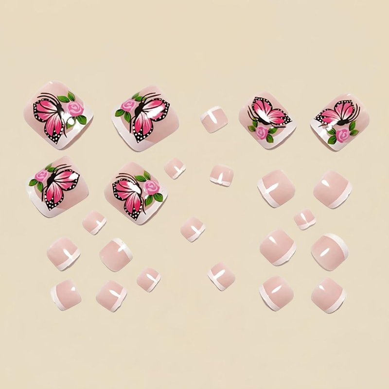 Press-On Toenails - Spring Butterfly Flowers Full Cover Glossy White Square Tips | 24PCS for Women