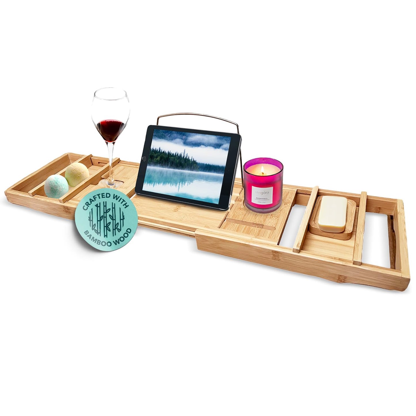Expandable Bamboo Bath Tray for Tub – 43" Wooden Bathtub Caddy with Shelf – Spa Bathroom Decor & Accessories for Women – Bathtub Tray for Relaxation & Storage