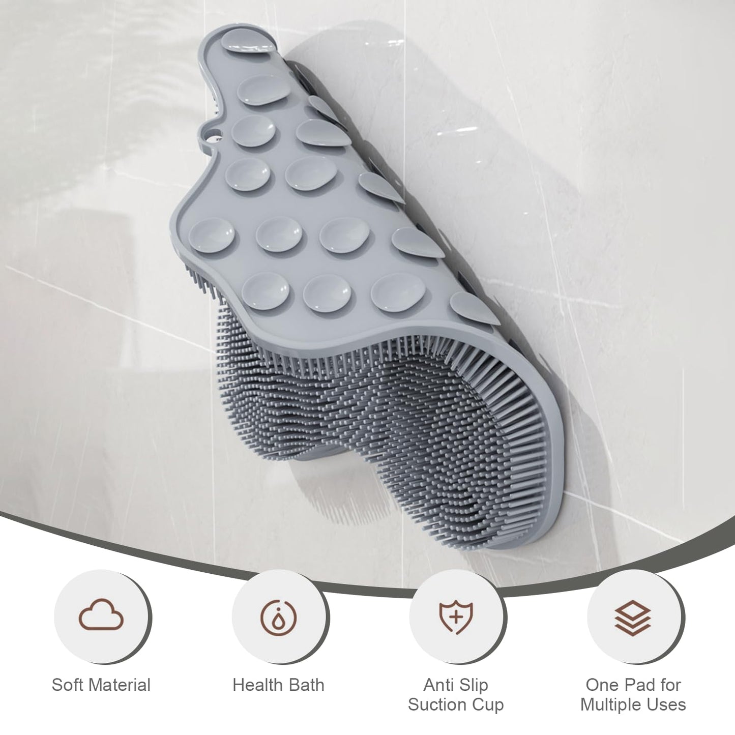 Holyenten Shower Foot Scrubber Mat with Suction Cups, Silicone Exfoliating Foot Washer & Massager for Back and Feet, Non-Slip Bathroom Cleaning Tool (Grey)