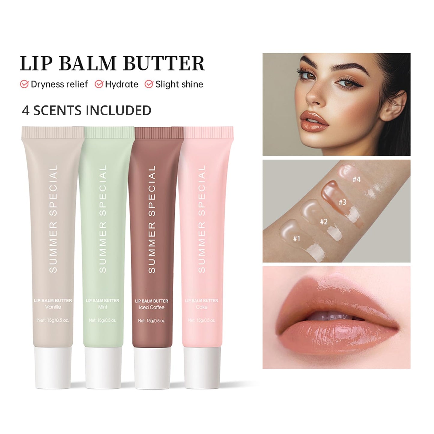 4 PCS Summer Special Lip Balm Butter, Hydrating, Nourishing Lip Gloss with Shea Butter & Olive Oil, Sheer Tinted Shine, Instant Moisture & Soothing Dry Lips (Pack of 4)