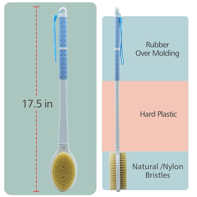Shower Brush with Soft and Stiff Bristles,17.5" Long Handle Dual-Side Back Scrubber Bath Brush Body Exfoliator for Wet or Dry Brushing (Long Handle)