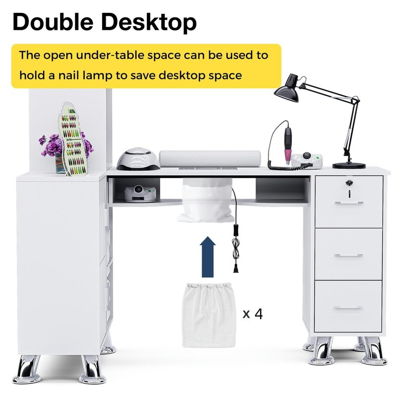 Manicure Table Nail Station w/Dust Collector - L-Shaped Nail Tech Table with Shelves, Storage Cabinets, Drawers, Metal Handles & Legs, Salon Wrist Rest, Beauty Salon Workstation Decor (White)