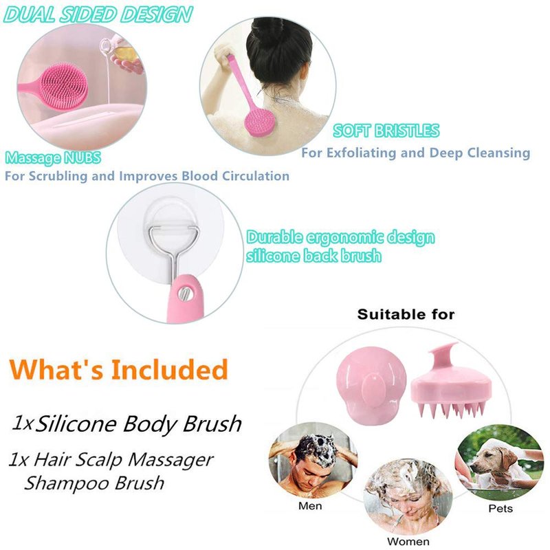 Cinlitek Silicone Body Scrubber & Scalp Massager, Long Handle Shower Brush, Exfoliating Scrubber for Men, Women & Kids