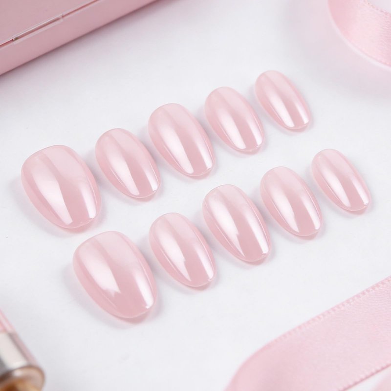 Pink Press on Nails Short Oval Fake Nails with Solid Color Design Reusable Glossy Full Cover Stick on Nail for Women Manicure 32Pcs