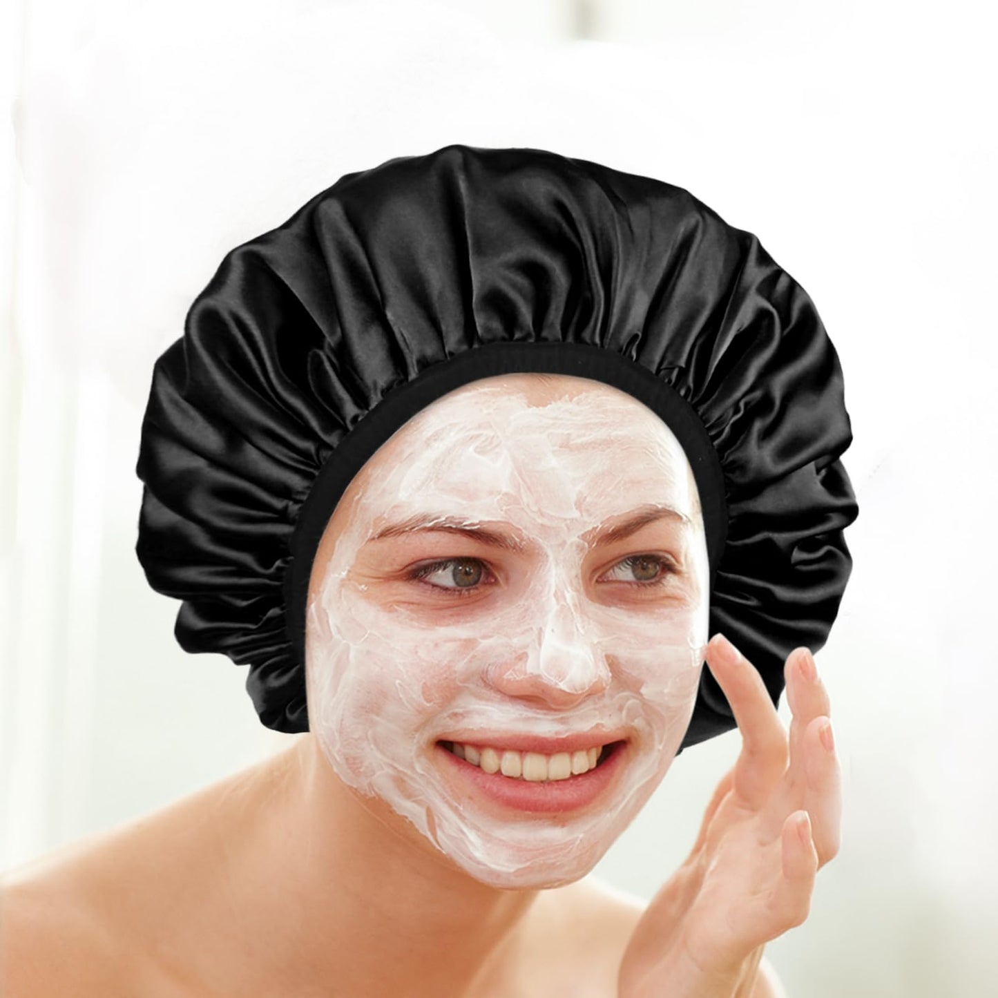 Yonchic Three-Layer Terry Cloth Lined Satin Shower Cap, with Silk Hair Ties, Microfiber Waterproof Reusable Large Size Shower Cap for Women Long Thick Hair (Black)