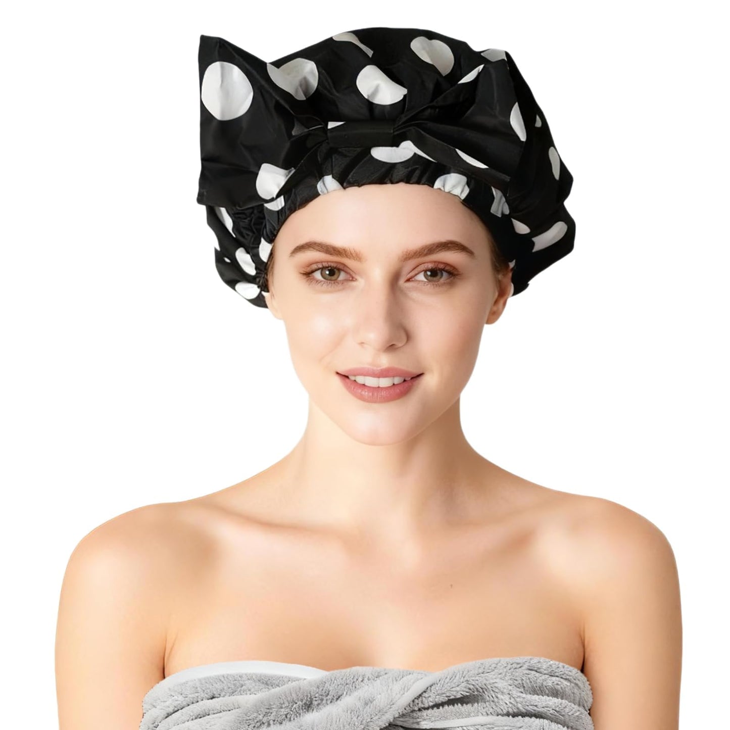 Fistmta Luxury Shower Caps for Women Reusable Waterproof, Large Double Layer Quick-dry Bathing Hair Cap with Adjustable Elastic Strap, Non-slip Shower Cap for Long Short Hair Black Polka Dots