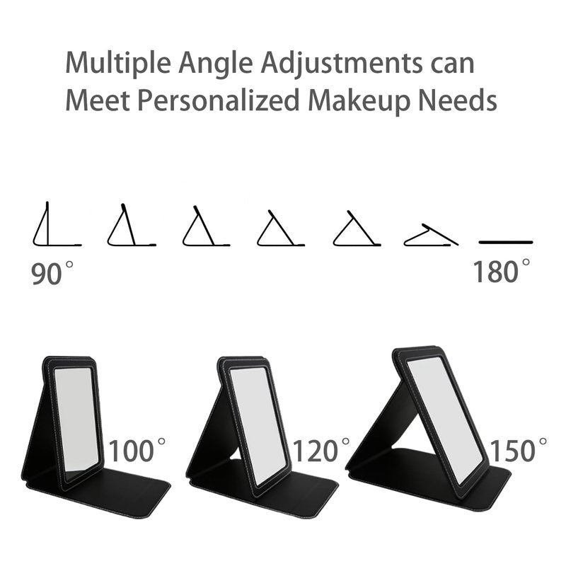 PDOZV Travel Mirror for Desk, 6.5×8.9” Adjustable Rectangle PU Edge Covering Black Foldable Desk Mirror with Stand for Travel Camping Home (Black)