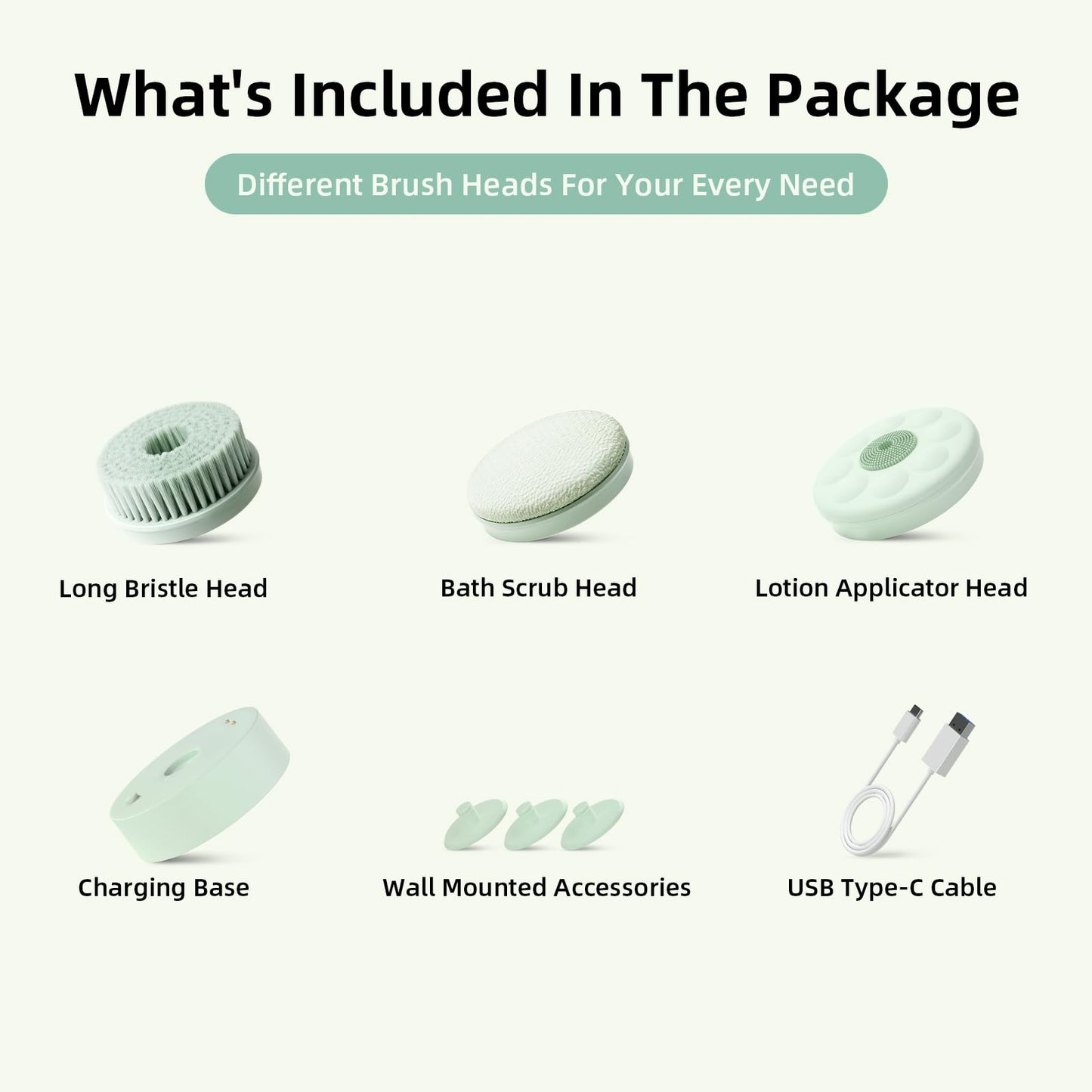 Oh,XIYU. Electric Body Brush Back Scrubber for Shower, Waterproof Long Dual Handle Body Scrubber with 3 Heads, Bath Brush & 2 Speeds, for Cleansing, Exfoliating and Massaging Skin, Pale Cypress Green
