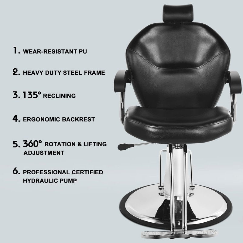 Artist hand Barber Chair for Barbershop Hydraulic Reclining Salon Chair for Hair Stylist - 360° Swivel, 20 Inch Wide Seat, Tattoo & Beauty Spa Equipment, Black PU Leather