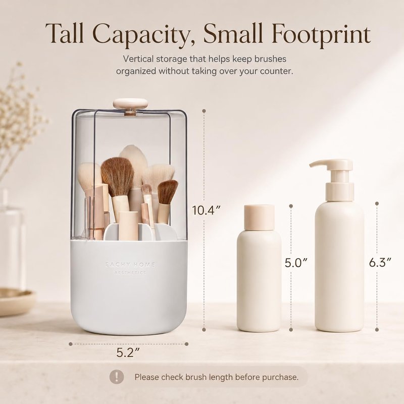 EACHY Makeup Brush Holder with Lid, 360° Rotating Vanity Organizer for Brushes, Dustproof Cosmetic Display Case, 7 Compartments, Waterproof Plastic (White)