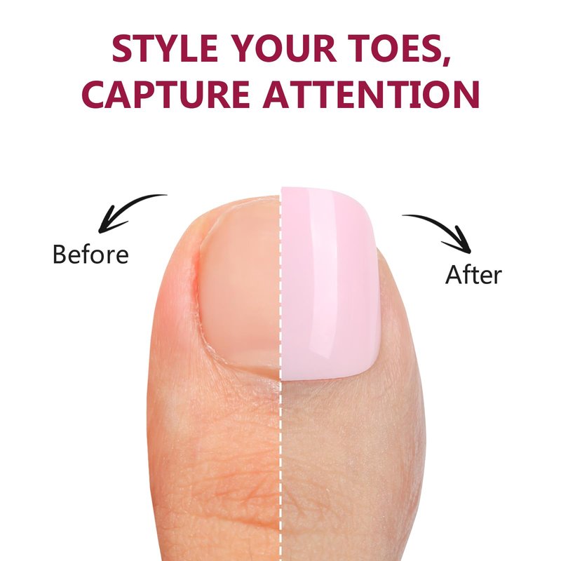 Makartt Press on Nails: Short Glossy Pink Toenail Kit with Glue, 24PCS Natural Fit for Women, Includes Adhesive Tabs, Stick, and File, Pedicure Set for Home Salon