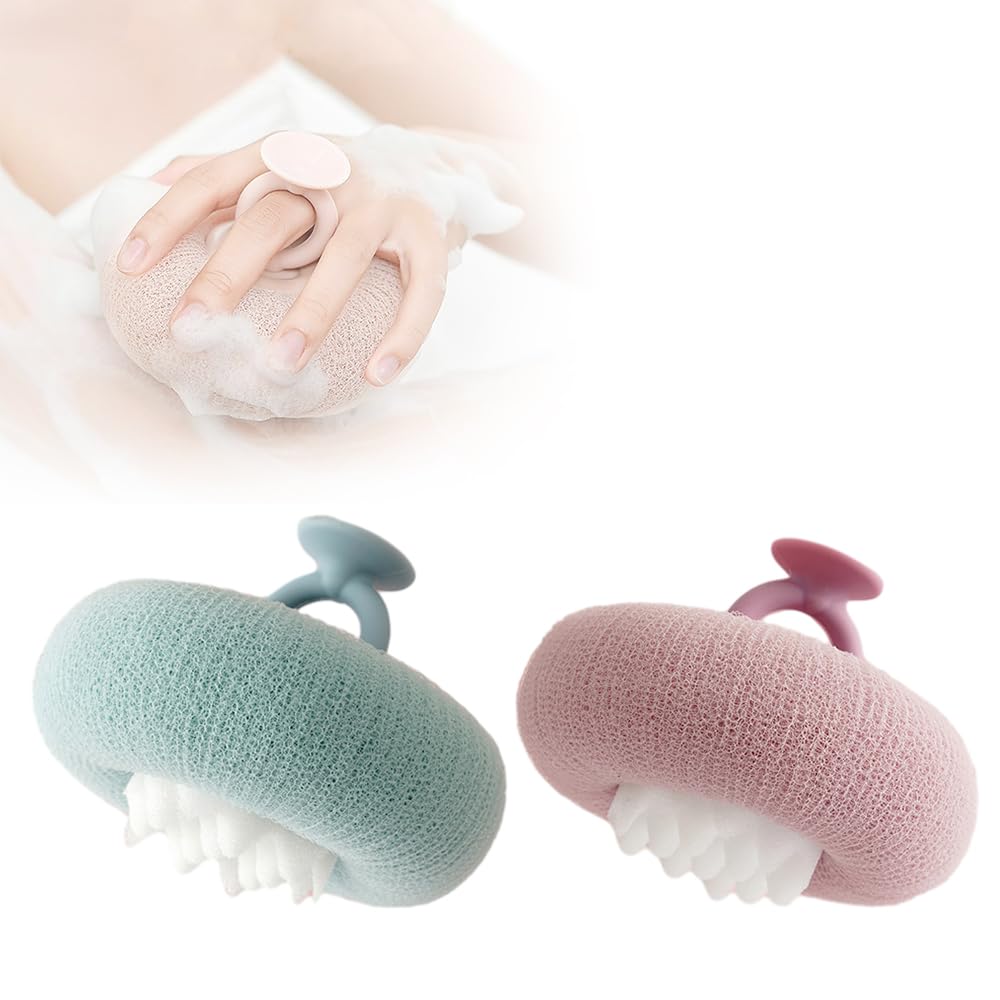 Super Soft Sunflower Suction Cup Bath Ball, 2026 Upgraded 2-in-1 Sunflower Bath Ball Exfoliating Bath Sponge Cleaning Brush, Sponge Mesh Pouf Shower Ball for Women, Men Shower (Purple+Green)