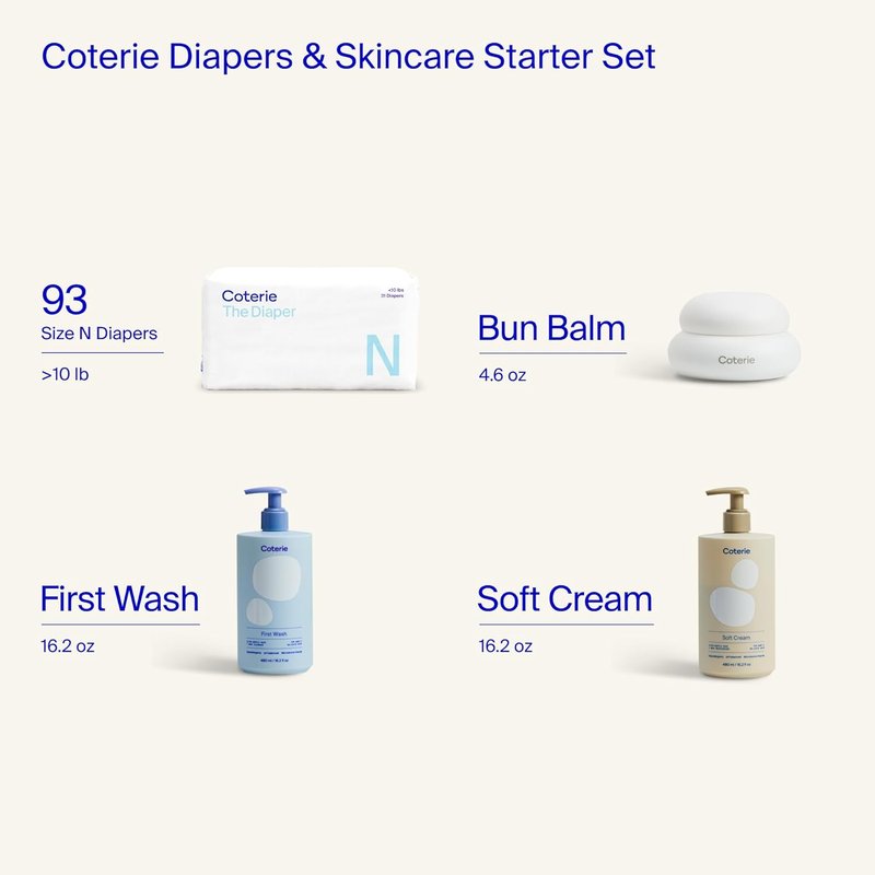 Coterie Newborn Diapers (93 Count) & Skincare Essentials Set - Hypoallergenic Shampoo, Lotion & Balm for Sensitive Skin