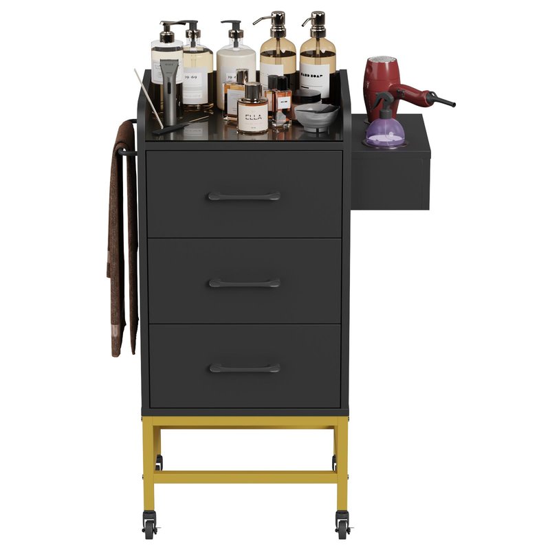 Kikihuose Salon Trolley Cart with Toughened Glass Top, 4 Wheels (2 Lockable) Rolling Barber Station w/Wheels, Drawers, Hair Dryer Holders, Towel Rack, Salon Storage Equipment for Hair Stylist, Black