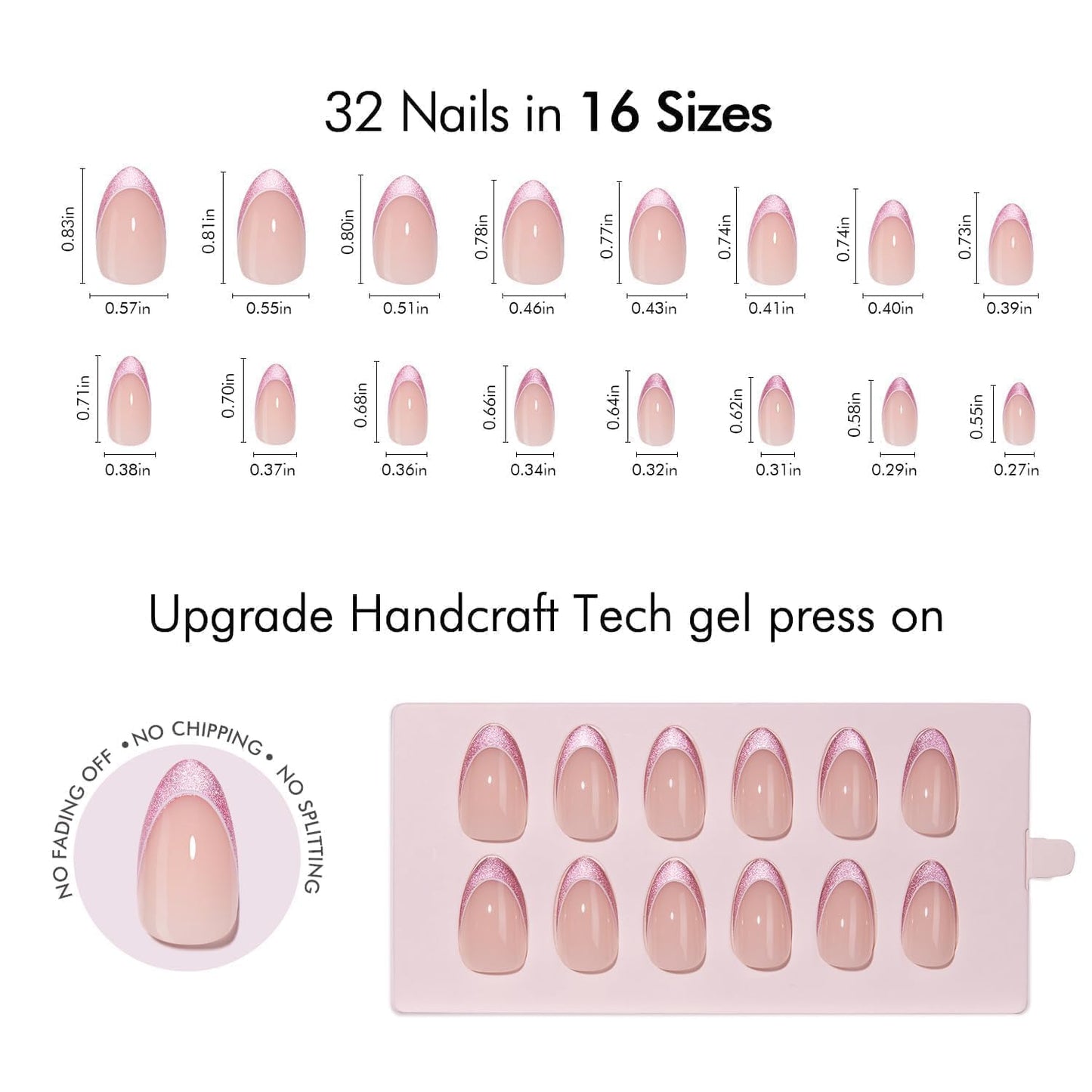 VSALON Short Almond French Tip Press On Nails, Pink Glitter Chrome Finish Clean Look, Reusable Salon Quality Gel False Nails Kit with Glue - 32 pcs Fake Nails in 16 Sizes