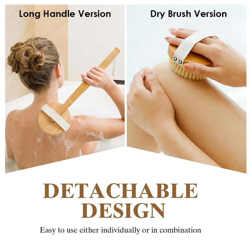 JingSoft Detachable Dry Brushing Body Brush, Natural Boar Bristle Back Scrubber for Shower for Men and Women with Long Handle for Exfoliation and Lymphatic