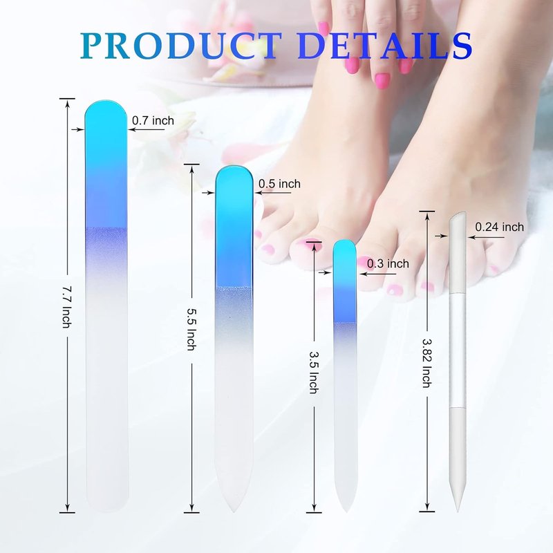 Skiennix Glass Nail File Set - 4 Pcs Double-Sided Crystal Buffers & Cuticle Pushers for Perfect Manicure & Pedicure