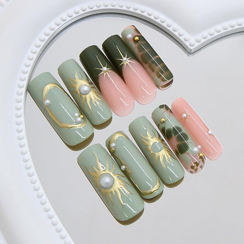 Green French Tip Press On Nails Long Coffin - Gilding Sunburst Fake Nails with Pearl & Gold Bead Accents, 24 Pcs Reusable Glossy Glue on Nails for Women Manicure Art Decorations