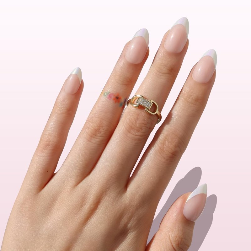 Nail Reformation Press On Nails, Mirror Effect | Short Almond Fake Nails in White French Tip on Pink Gradient Metallic Base, Reusable Stick On Nails in 16 Sizes - 32 False Nail Kit for Women Gifts