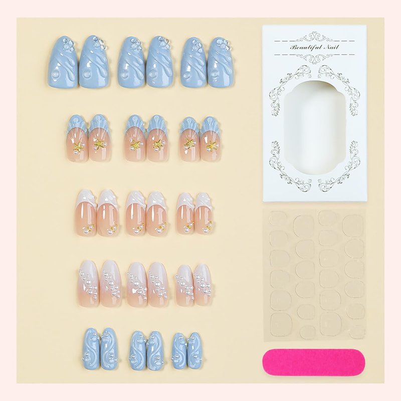 Blue French Tip Press On Nails Almond Shape Fake Nails with 3D Wave & Pearl Design, Glossy Summer Acrylic Nails for Beach, Vacation, Party & Daily Wear (30 PCS)