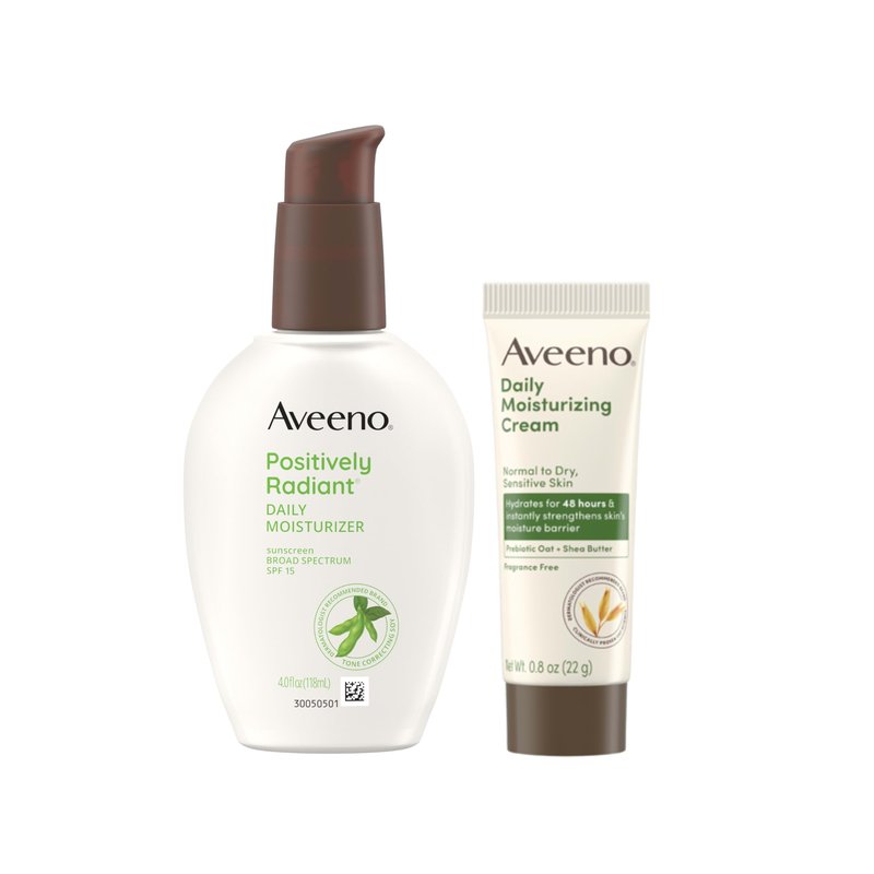 Aveeno Skincare Bundle, Positively Radiant Daily SPF 15 Facial Sunscreen Moisturizer + Soy, 4 fl. oz, & Travel Size Daily Moisturizing Cream for Body, Face, & Hands, 0.8 oz, Two Pack, 2 Items
