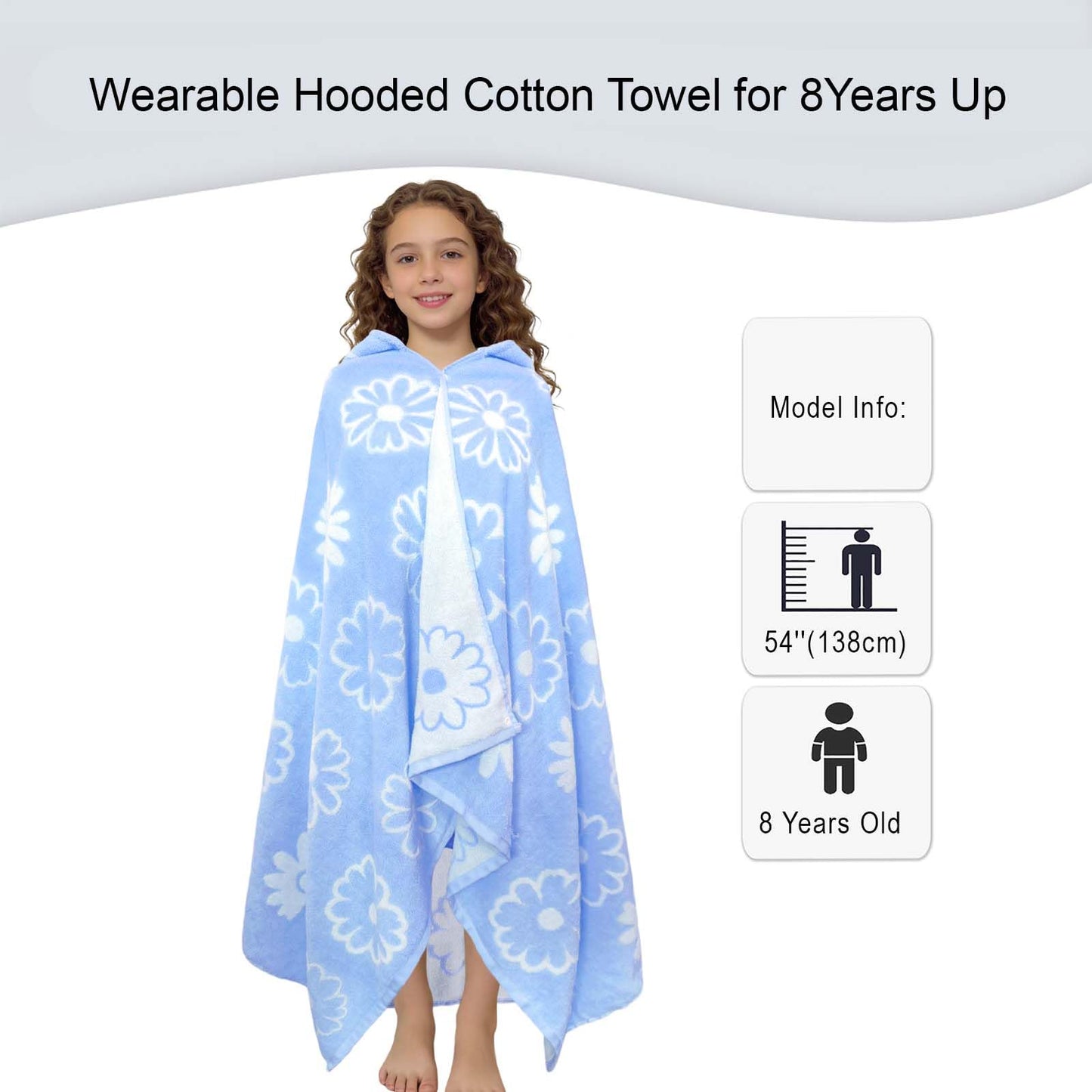 VOOVA & MOVAS Hooded Bath Towels for Teens/Big Kids (8Years Up) | Soft Absorbent 100% Cotton Thick Towel Wrap | Versatile Beach, Pool, Swim & Bath Cover-Up | Jacquard Blue Daisy