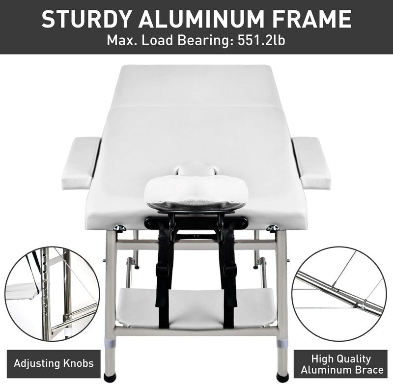 Portable Massage Table - Foldable Height Adjustable Lash Bed | PU Leather Facial Tattoo Bed (White)