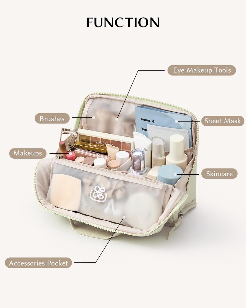 EACHY Standing Makeup Bag - Large Waterproof Cosmetic Bag & Toiletry Bag Organizer with Phone Holder, Detachable Dividers, Wipe-Clean Brush Pouch for Women