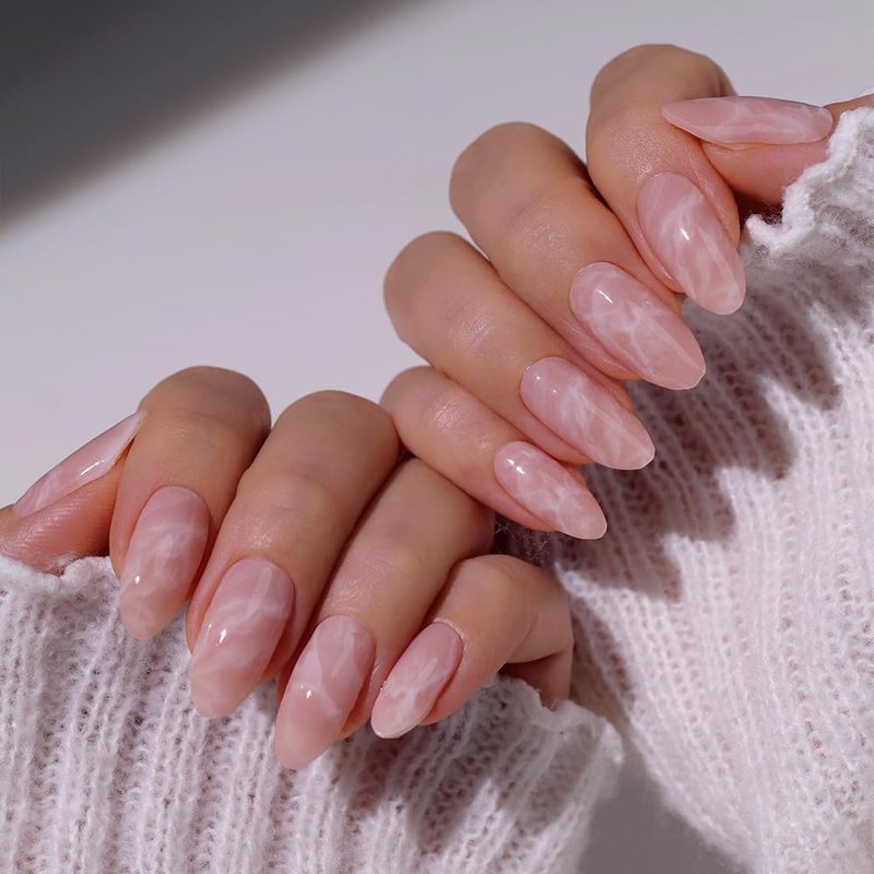 Heyhae Semi Cured Gel Nail Strips - Easy Apply Pink Marble Design | 28 Strips, Prep Pads & Nail File Included