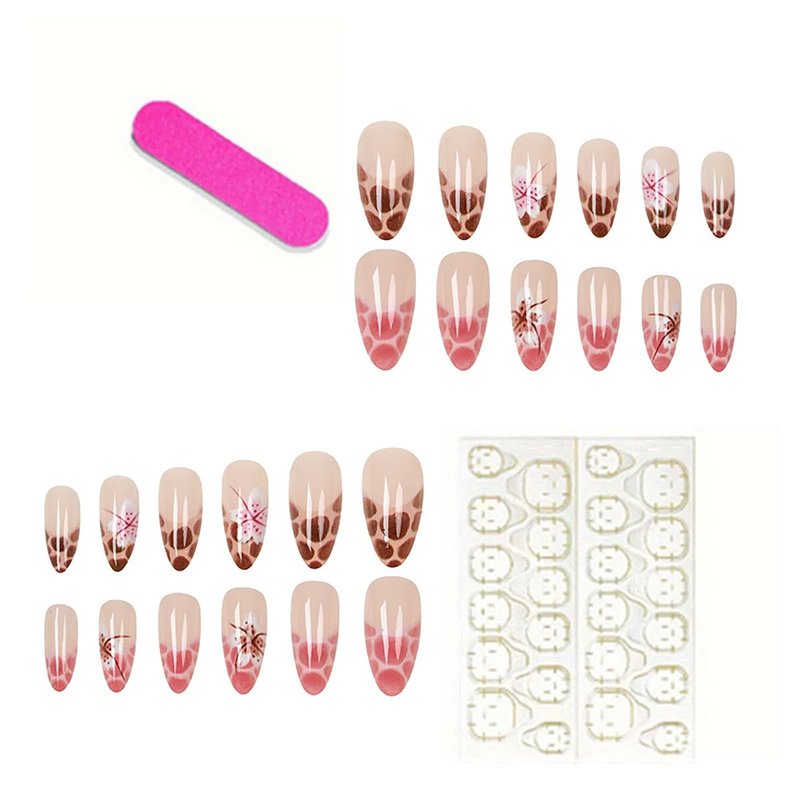 24Pcs Leopard Print French Tip Press on Nails Short Almond Fake Nails Pink Brown Full Cover Tips Glue on Nails Flower False Nails Cute Spring Stick on Nails for Women Acrylic Manicure Decorations DIY