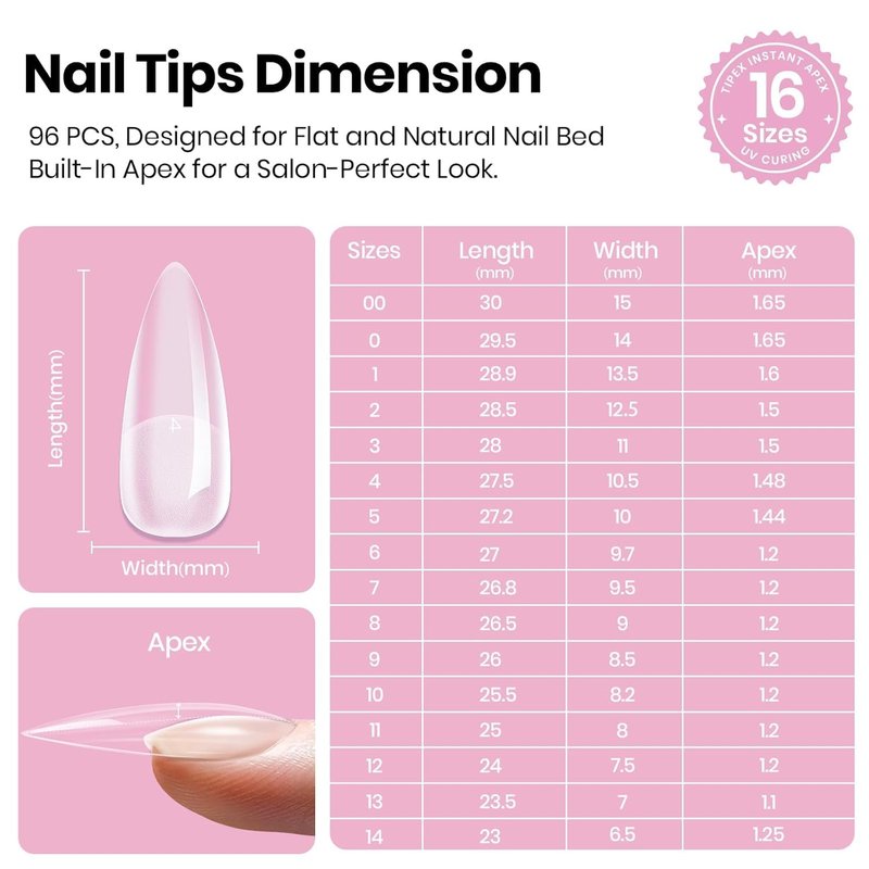 Beetles Tipex Lite Instant Apex Nail Tips, Medium Stiletto Gel Nail Tips, 16 Sizes 00-14, Built-in Apex for Natural Fit, Beginner-Friendly DIY Nail Extensions