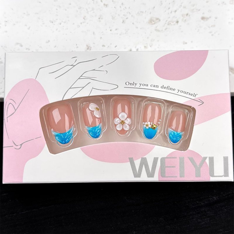 30Pcs Blue French Tip Press on Nails Short Almond Fake Nails with 3D Flower & Gold Rhinestones Design Nude Pink False Nail Full Cover Artificial Reusable Acrylic Nails Handmade Stick on Nail for Women