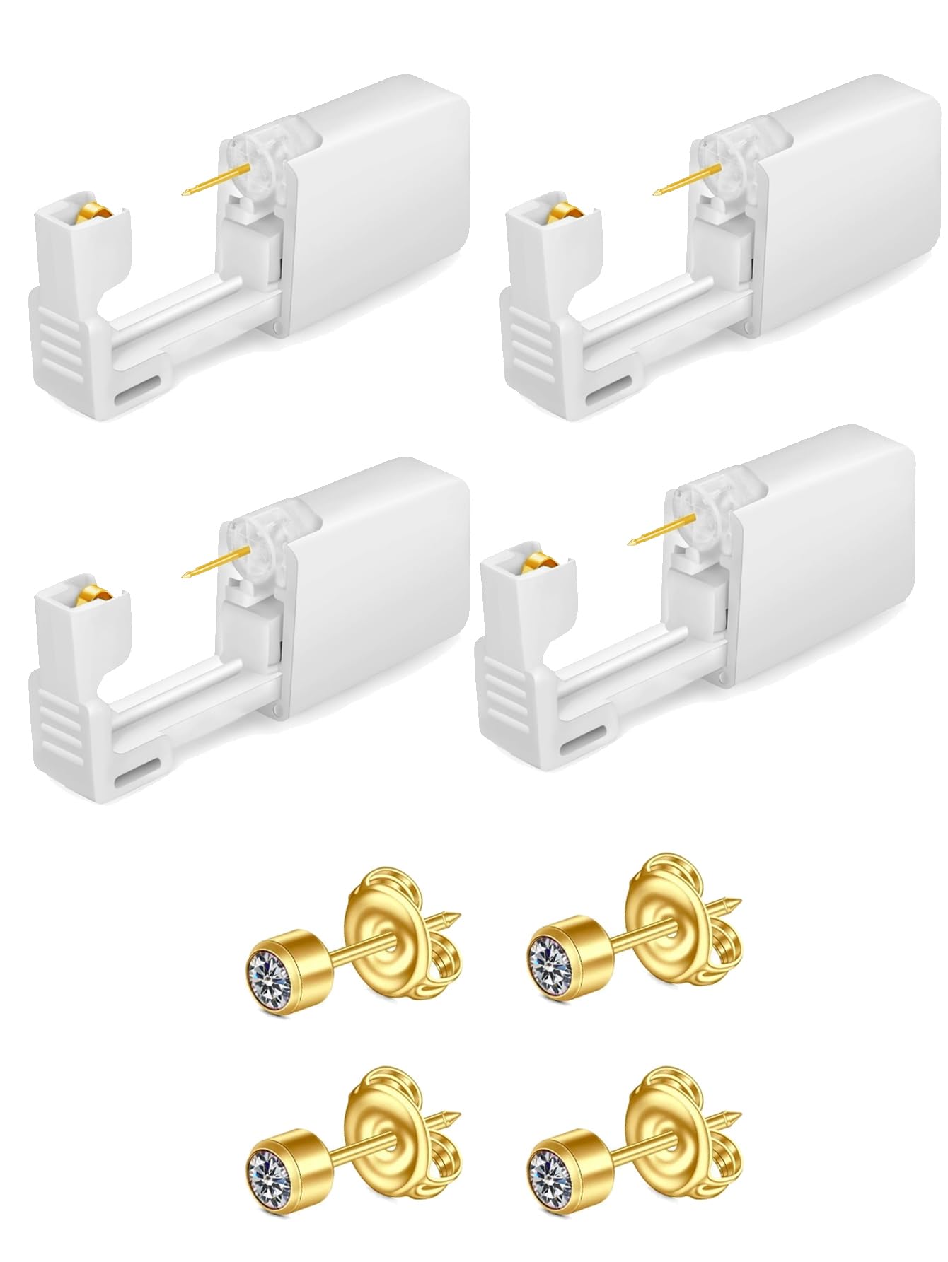 4PCS Disposable Ear Piercing Unit Kit - Sterile, Painless, Easy-to-Use Cartilage Tragus Helix Piercing Gun with Stud DIY Jewelry Making Tool and Machine for Safe At-Home Piercing Experience (4 Gold White Zirconia)