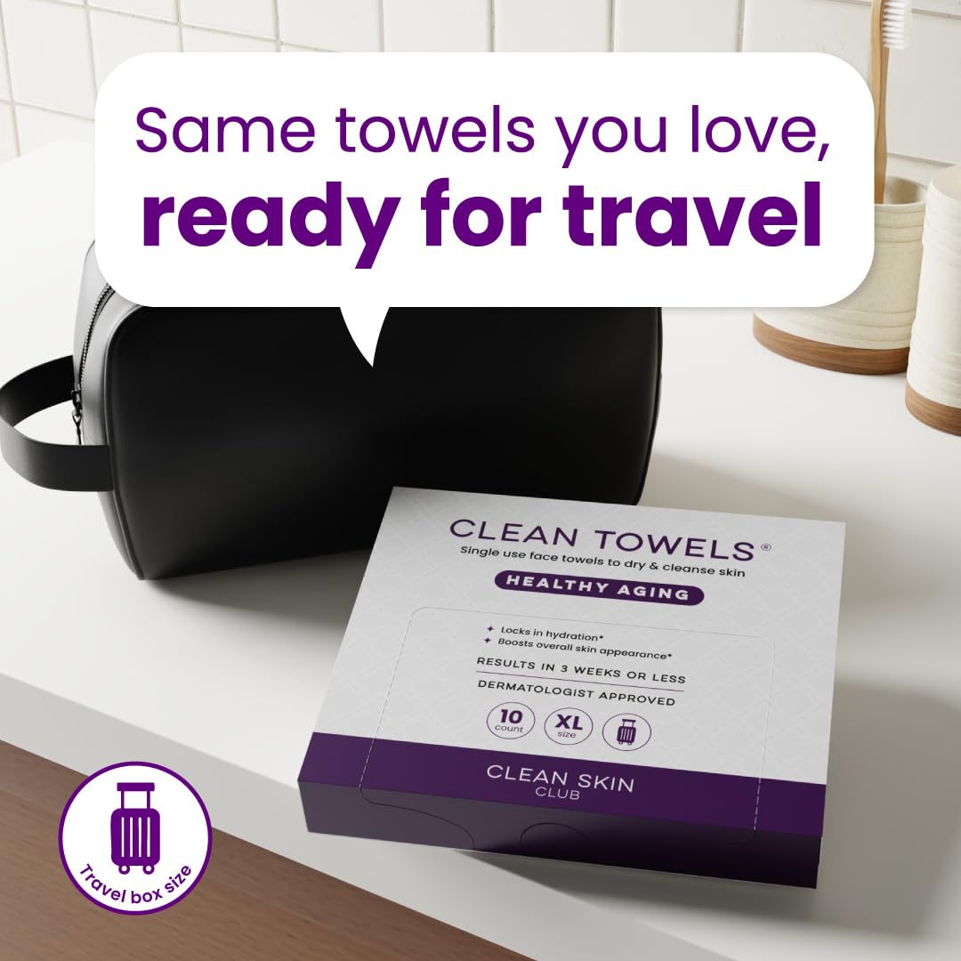 Clean Skin Club Healthy Aging Clean Towels® XL, Travel Pack, Smooths Fine Lines Wrinkles & Texture, Disposable Face Towels, Anti-Aging Dry Wipes, TSA-Approved Travel Essential, 10 Ct