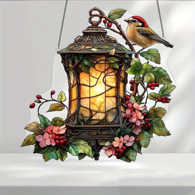 Acrylic Lantern with Bird & Flowers | 7.08-Inch Stained Glass Style Window Decor & Rainbow Maker