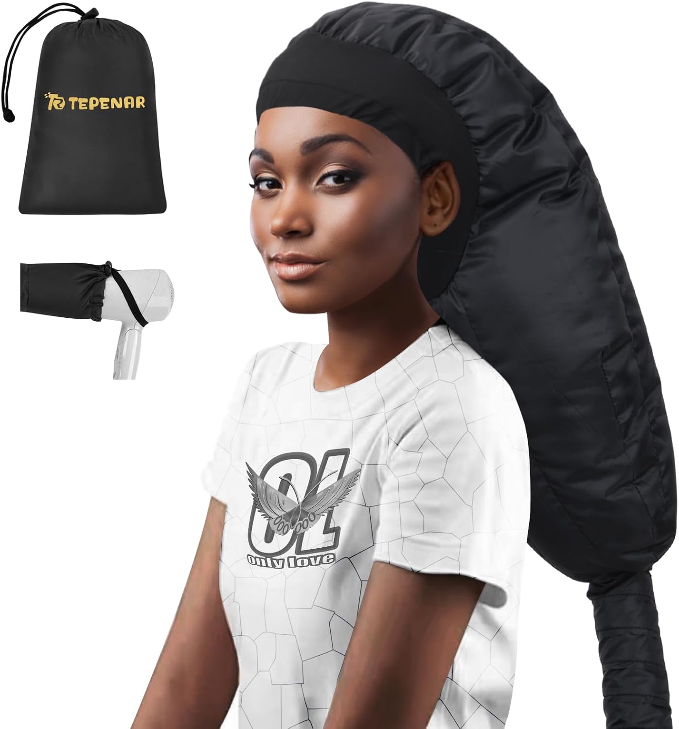 TEPENAR Hair Dryer Bonnet Attachment - Extra Large Adjustable Hooded Cap for Fast Drying Curly Hair - Black