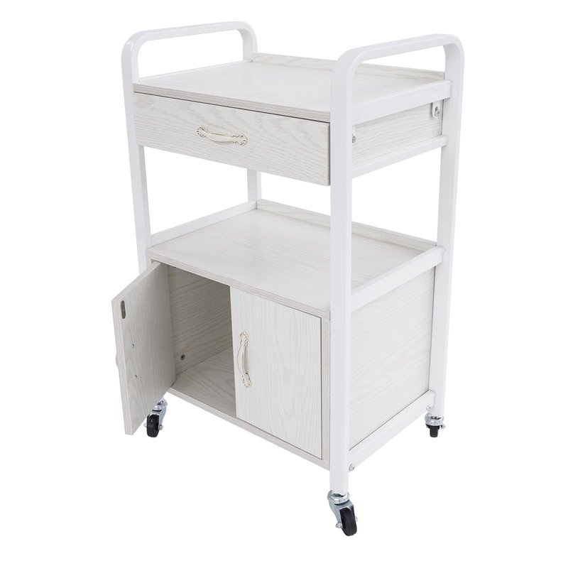 Beauty Salon Utility Trolley Cart for Hair Stylist, Wooden Rolling Storage Cabinet on Wheels, 2-Tier Rolling Medical Stations Cart with Drawers Movable Beauty Organizer (White)