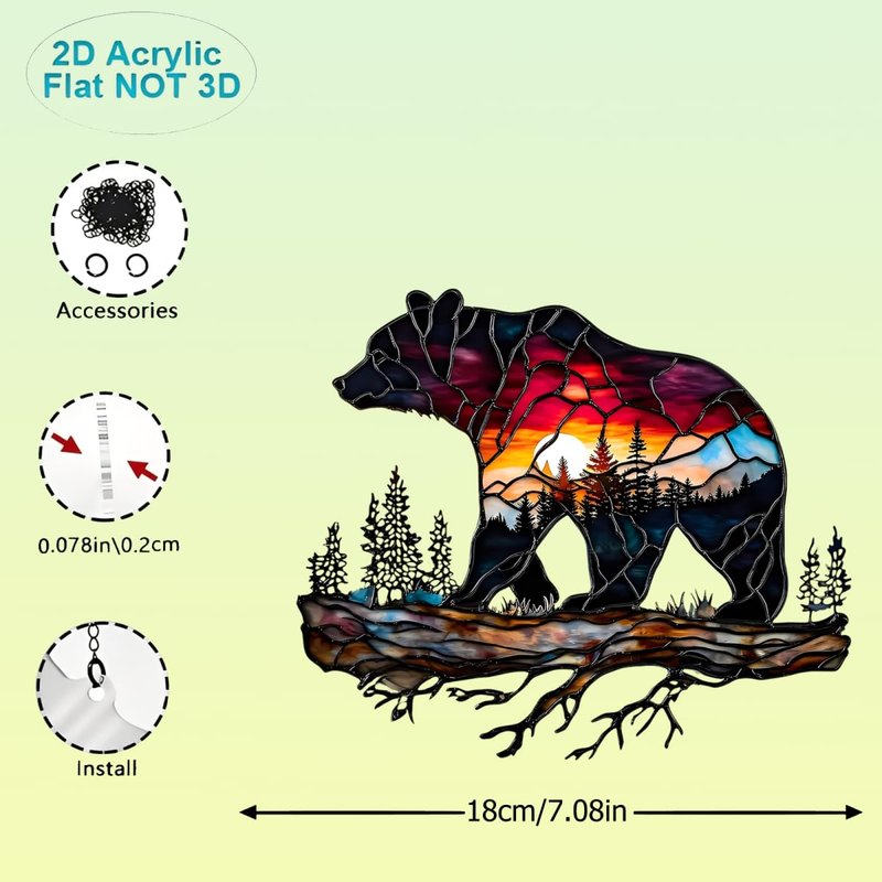 1PC Bear on Branch Acrylic Suncatcher Hanging, 7.08 inch Window Decor with Printed Stained Glass Style Design, Rainbow Maker Wall Art, Gift Idea & Garden Ornament Indoor Outdoor Use/DW-19