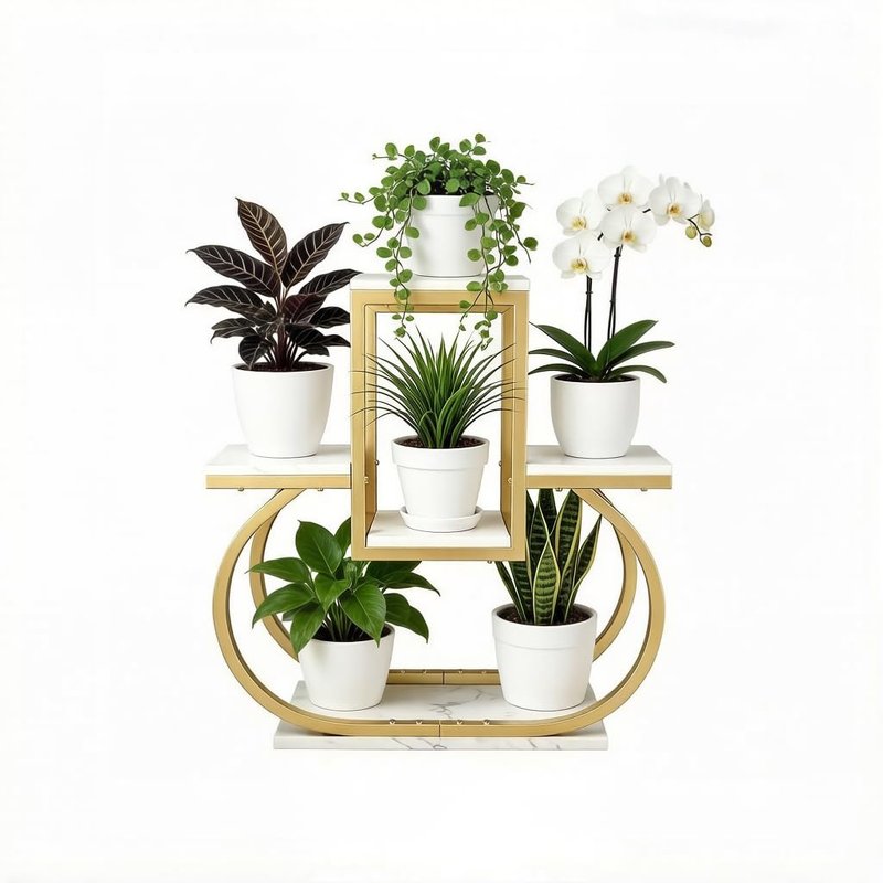 BAINAHUAN Plant Stand for Indoor & Outdoor Use – Gold Tiered Multi-Tier Flower Pot Holder for Living Room, Bedroom, Balcony – Modern Home Decor Storage Rack With Marble-Patterned Shelves