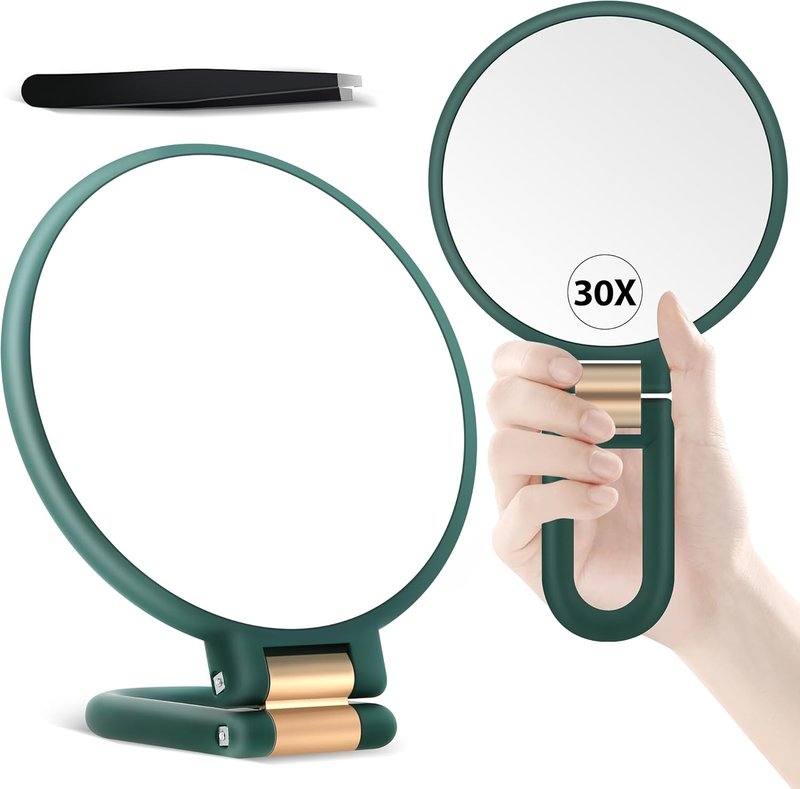 30X Magnifying Hand Mirror - Double-Sided Portable Makeup Mirror | Travel Essential, Green