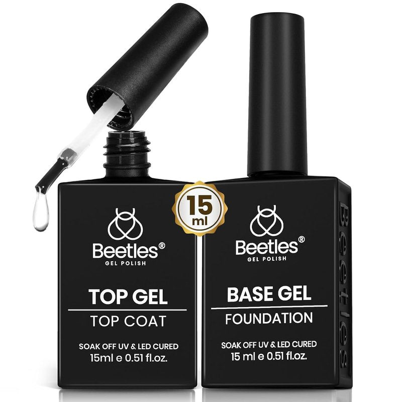 Beetles No Wipe Gel Top Coat & Base Coat Set - 2Pcs 15ml | Super Shiny, Long Lasting Nail Polish