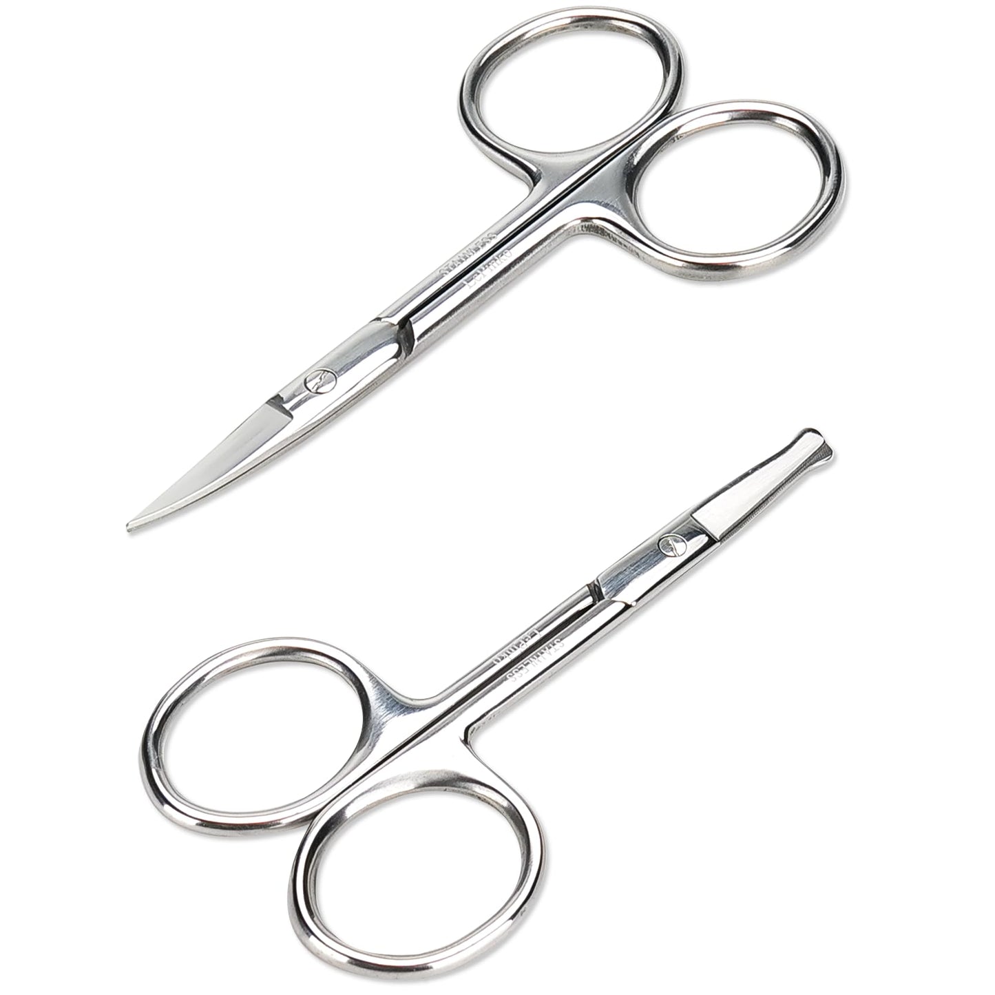 Facial Hair Small Grooming Scissors For Men Women - Eyebrow, Nose Hair, Mustache, Beard, Eyelashes, Ear Trimming Kit - Curved and Rounded Safety Tip Clippers For Hair Cutting - 2PCS Silver