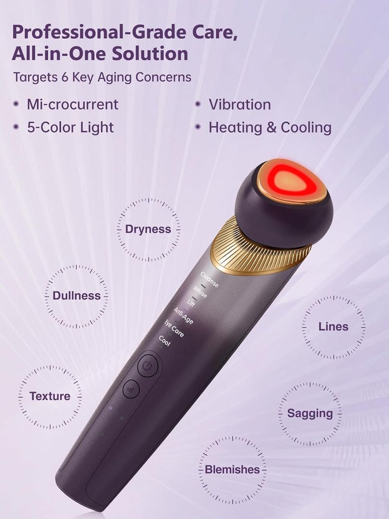 6-in-1 Age-Defying Skin Care Tool - Eye, Face & Neck Lift with 5-Color Light Therapy | Microcurrent, Vibration, Heat & Cooling (Purple)