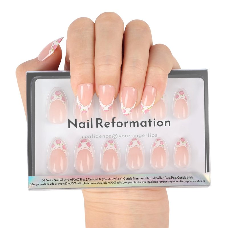 Nail Reformation Press On Nails, Fleur De Lace | Short Almond Fake Nails with Lace French Tip & Rose Floral on Nude Base in Glossy Finish, Reusable Nails in 16 Sizes - 32 Nail Kit, Gifts for Women