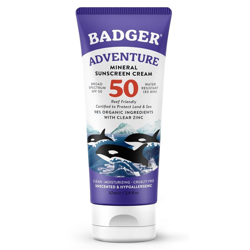 Badger Reef Safe Mineral Sunscreen - SPF 50, 98% Organic, Water Resistant, Unscented, 2.9 fl oz