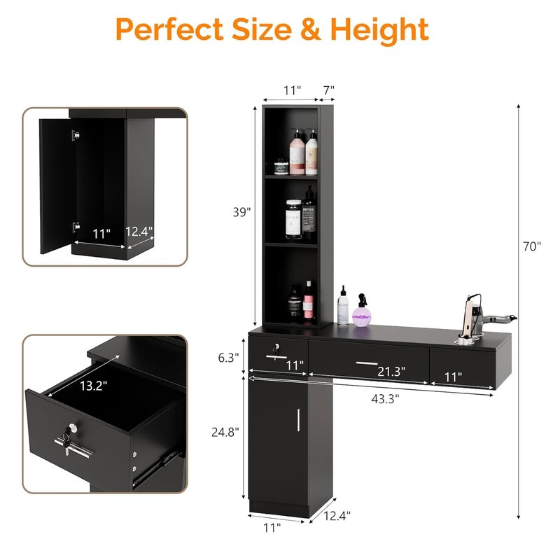 OmySalon Wall Mount Barber Station - Stylish Hair Styling Equipment with Storage Cabinet, 2 Drawers & 3-Tier Shelf (Black)