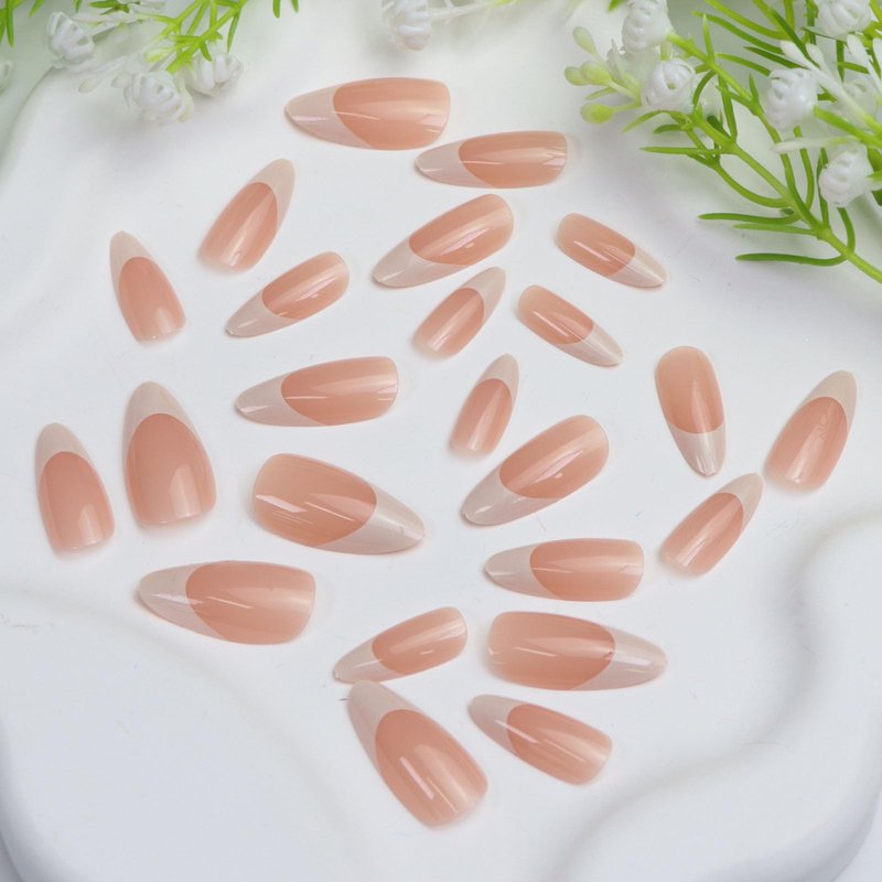 24Pcs White French Tip Press on Nails Almond Medium Fake Nails Glossy Glue on Nails Press ons Daily Wear Simple Nude Stick on Nails for Women Girls