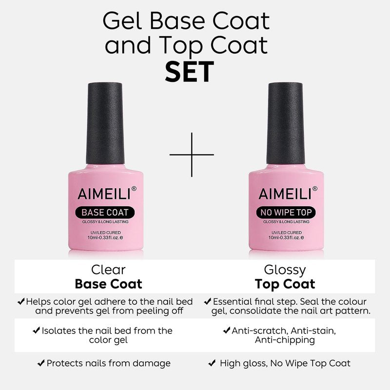 AIMEILI Gel Nail Polish Set - No Wipe Top & Base Coat for Long-Lasting Shine | 2 x 10ml