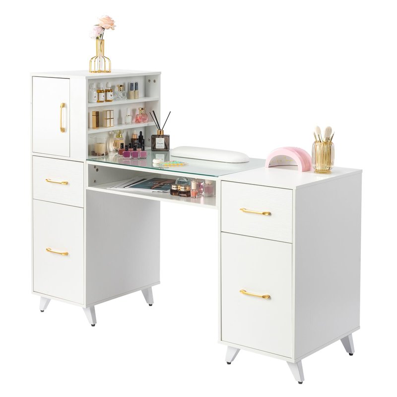 JLBVI Manicure Table, Nail Makeup Desk with Glass Top, Wrist Rest, Beauty Salon Workstation for Spa Beauty Salon w/ 3 Side Cabinets+2 Removable Shelves+2 Drawers+3 Layers Open Cabinet+1 Open Drawer