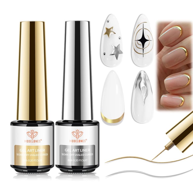 Modelones Metallic Gel Liner Nail Polish Set - 2 Pcs Chrome Mirror Finish for Stunning 3D Nail Art